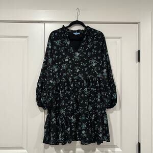 NWT Cece Womens Longsleeve Knee‎ Length Dress Black Blue Flowers Size Medium
